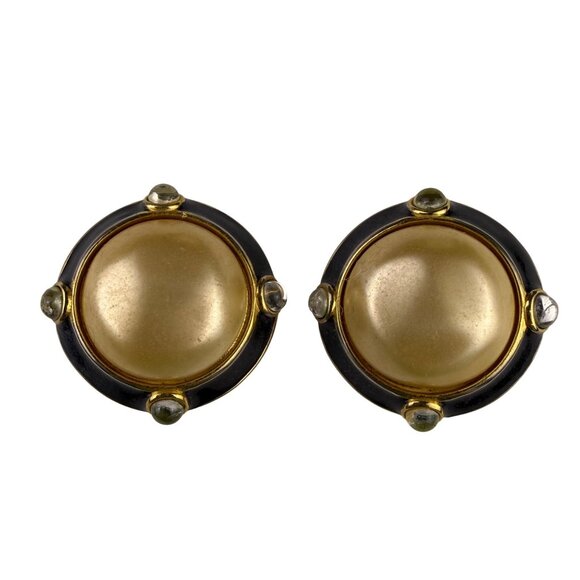 Carolee Womens Gold Tone/Black Clip-On Round Earrings Large Faux Pearl - Picture 1 of 5